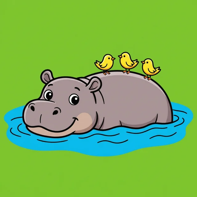 Cute hippo in water with birds coloring page for kids