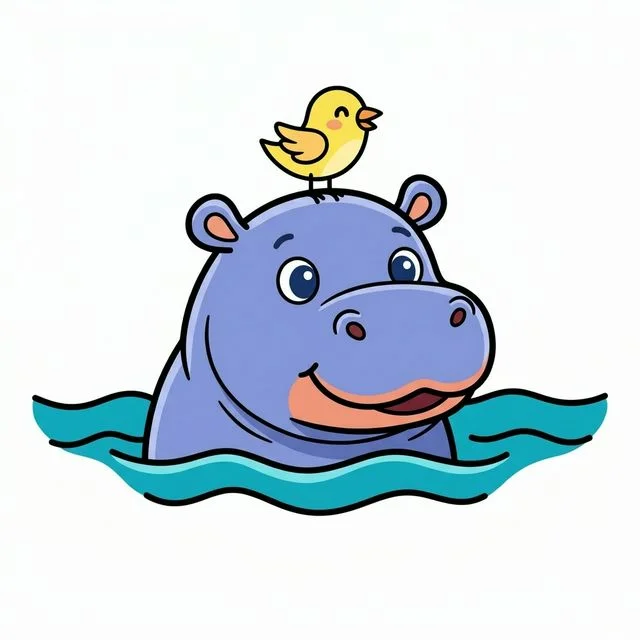 Hippopotamus peeking out of river water with bird on head coloring page for kids — free printable