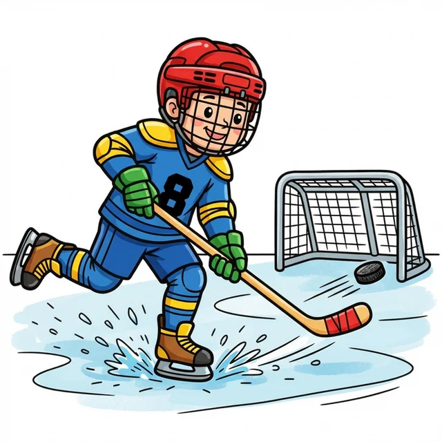 Kid hockey player skating on ice rink coloring page