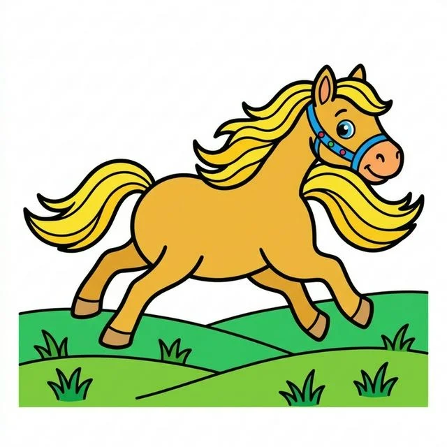 Horse galloping in pasture coloring page for kids — free printable