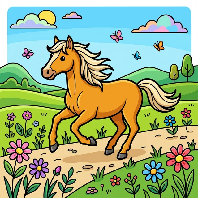 Horse running in field coloring page for kids