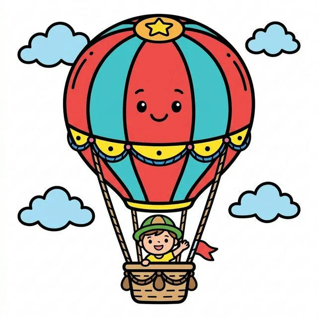 Hot air balloon floating high in sky with little basket coloring page for kids — free printable