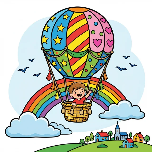 Hot air balloon with kid flying over rainbow coloring page