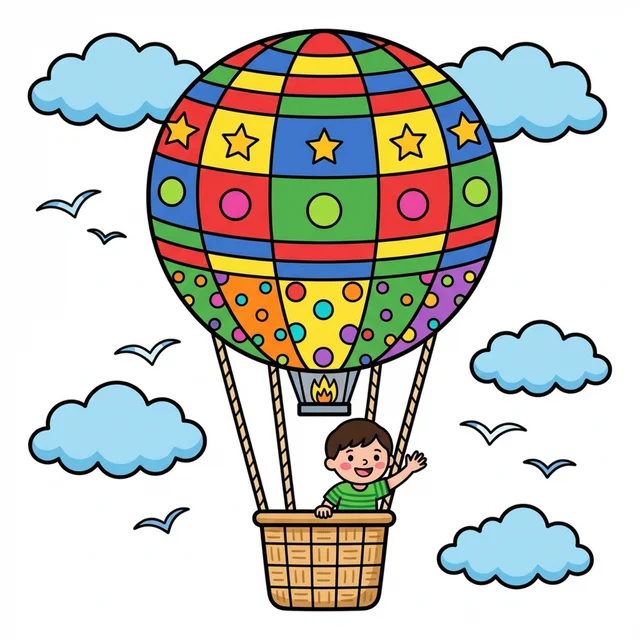 Hot air balloon floating in sky with teddy bear coloring page for kids