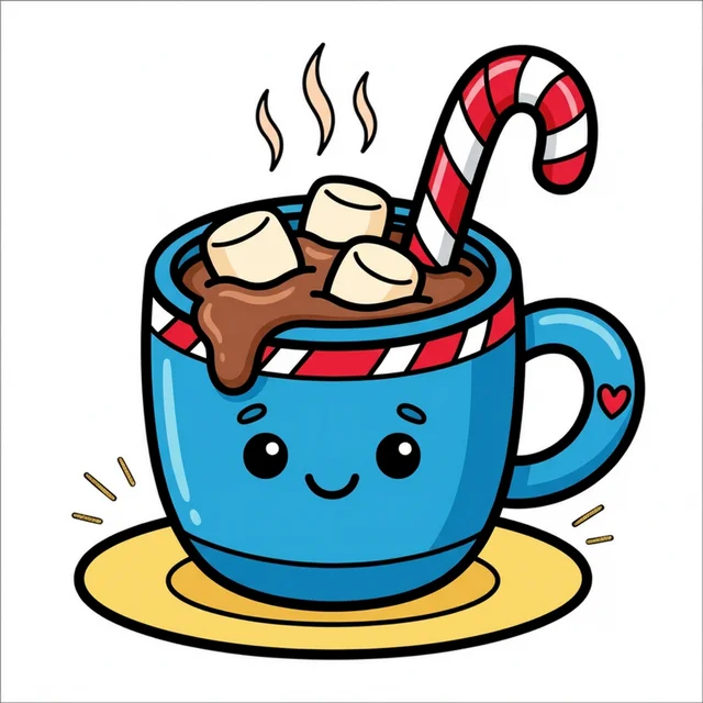 A mug of hot chocolate with marshmallows and candy cane coloring page.