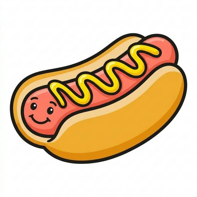 Cute cartoon hot dog in soft bun with wiggly line of mustard and funny smiling face coloring page for kids — free printable