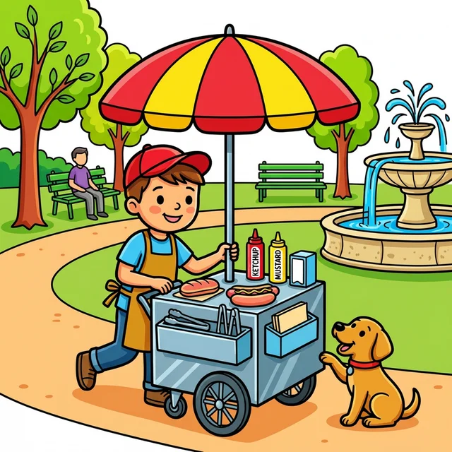 Kid running hot dog cart in city park with dog begging coloring page
