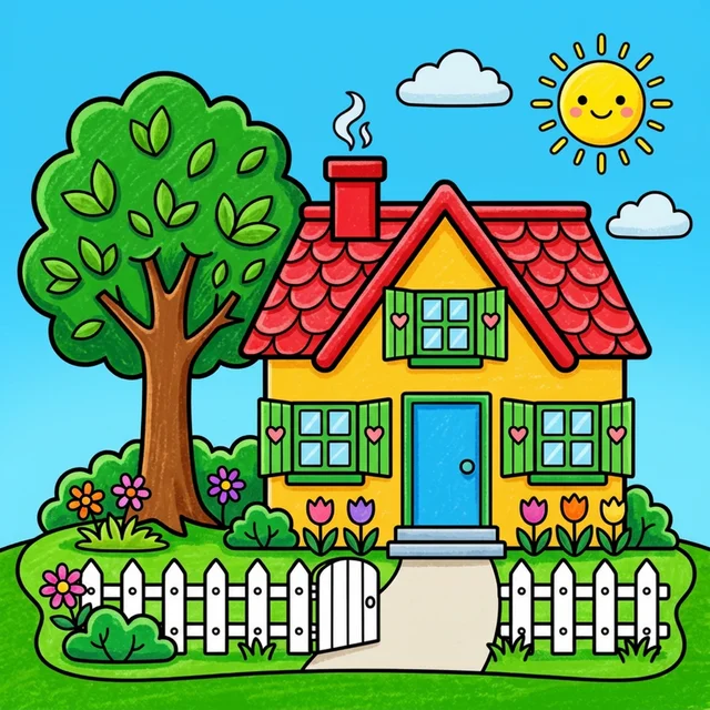 Cute house with garden flowers tree and fence coloring page for kids