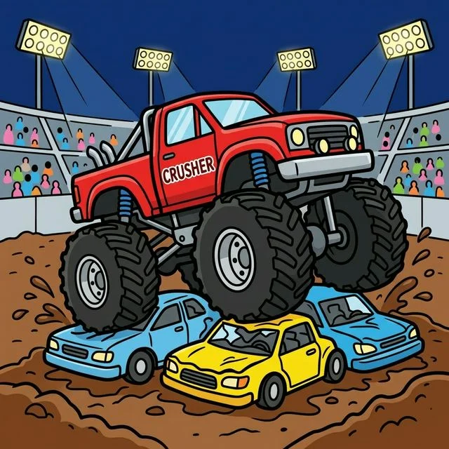 Huge monster truck with giant tires jumping and crushing cars in dirt stadium coloring page for kids