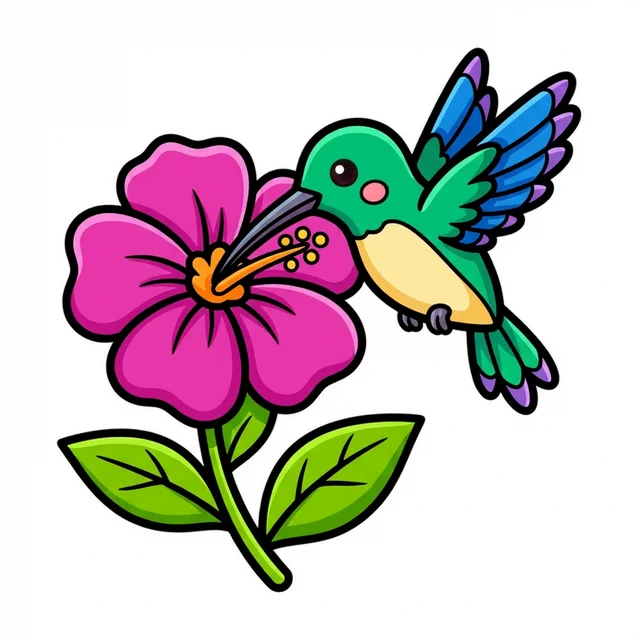 Cute hummingbird drinking nectar from flower coloring page for kids