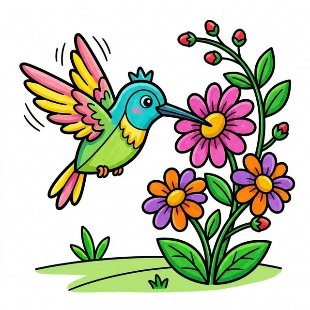 Hummingbird hovering near flowers drinking nectar coloring page for kids — free printable