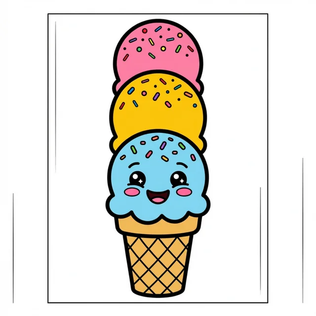 Cute ice cream cone with three scoops coloring page for kids