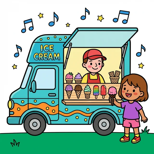 Kid buying ice cream from ice cream truck coloring page