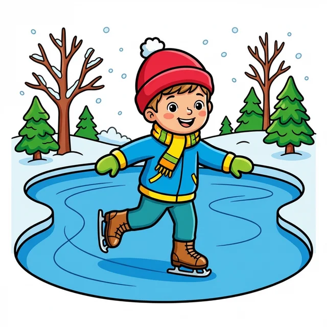 A child ice skating on a frozen pond coloring page.