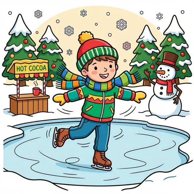 Kid ice skating on frozen pond doing spin with snowman coloring page