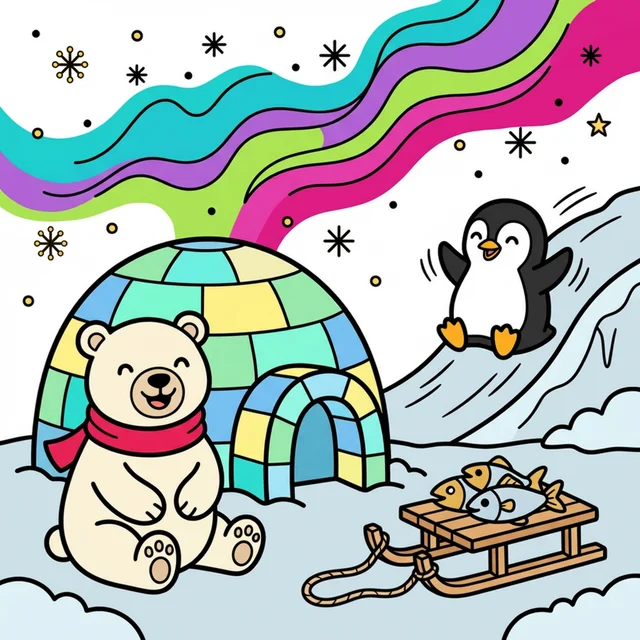 Polar bear sitting next to igloo in Arctic coloring page