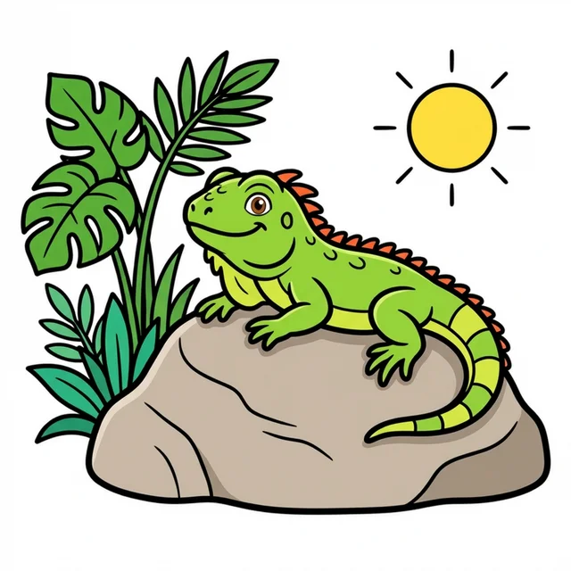 An iguana sunbathing on a rock coloring page.