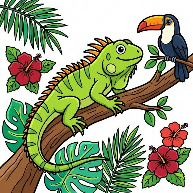 Iguana on tropical tree branch with toucan coloring page for kids
