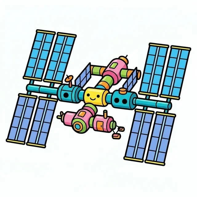 International space station floating in orbit with large solar panels coloring page for kids — free printable