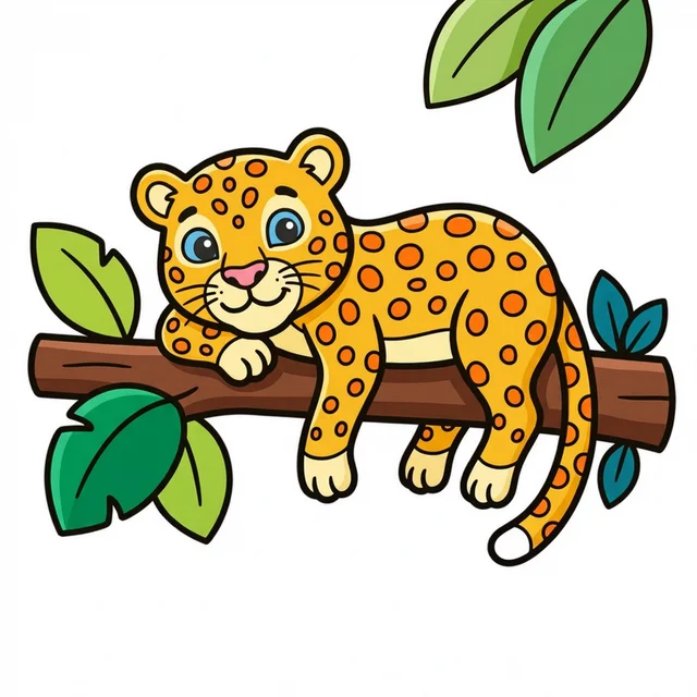 A jaguar resting on a jungle tree branch coloring page.