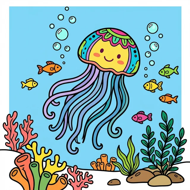 Beautiful jellyfish with flowing tentacles in deep ocean coloring page