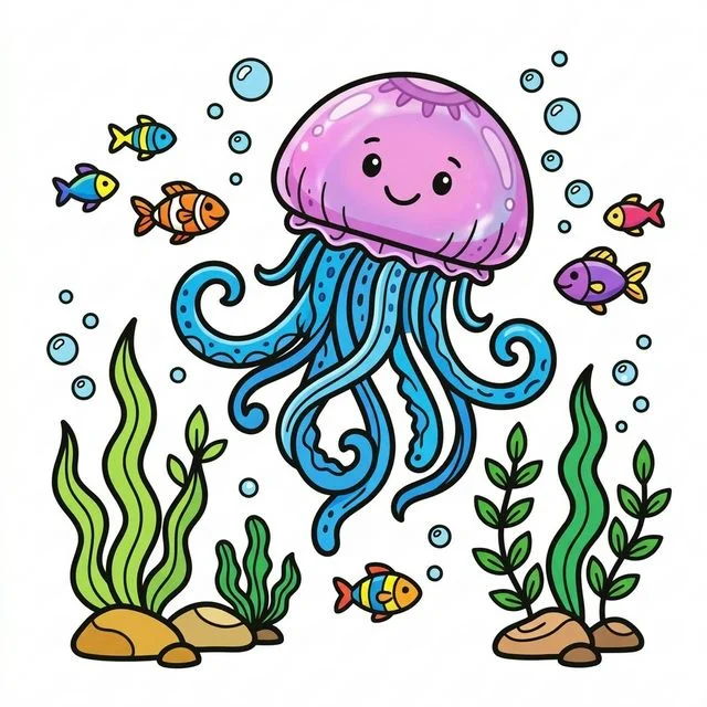 Jellyfish with flowing tentacles in deep sea coloring page for kids