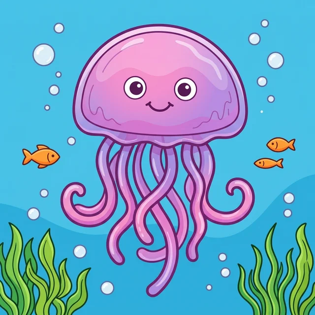 Cute jellyfish swimming in ocean coloring page for kids