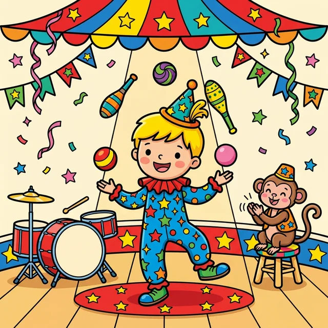 Kid juggler juggling balls under circus tent spotlight coloring page