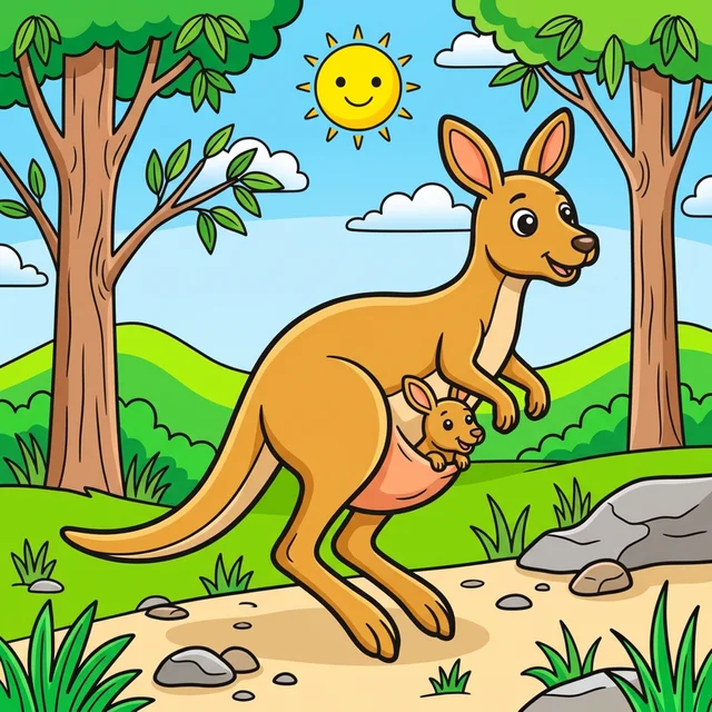 Kangaroo with joey in outback coloring page