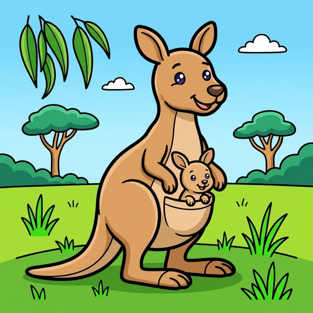 Mother kangaroo with baby joey coloring page for kids