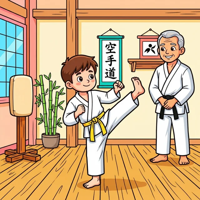 Kid in karate gi doing high kick in dojo coloring page