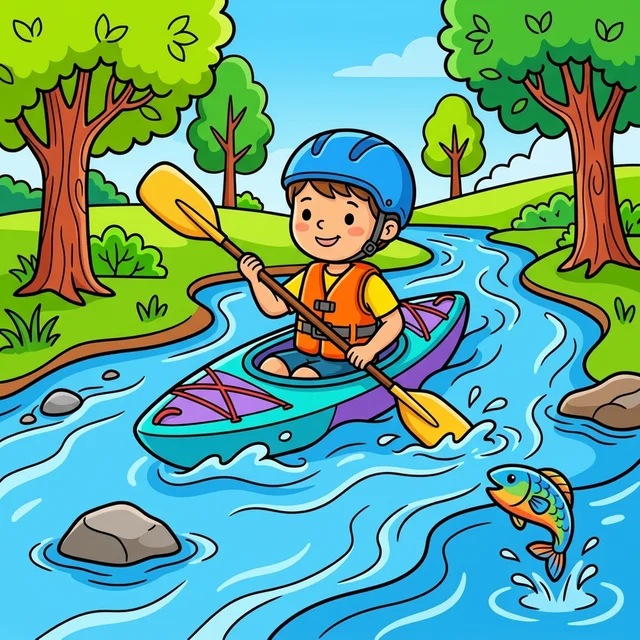 Kid paddling kayak through river rapids coloring page