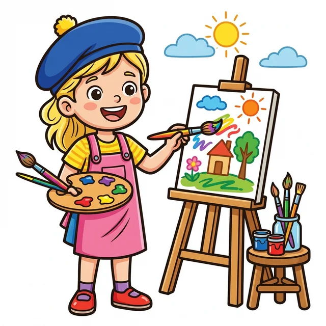 Kid artist painting on easel with palette coloring page