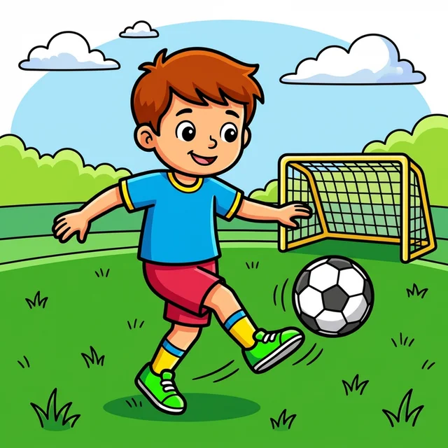 A kid kicking a soccer ball on a field with a goal net coloring page.