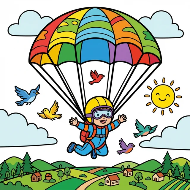 Kid skydiving with colorful parachute coloring page