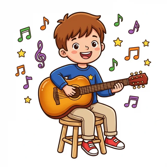 Kid playing guitar with musical notes coloring page