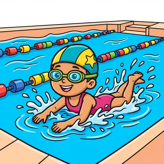 Kid swimming in pool with goggles coloring page