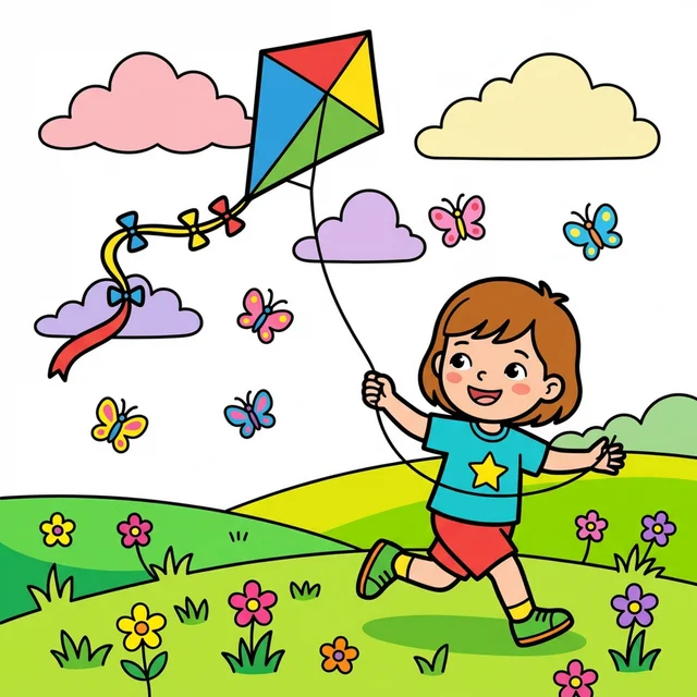 Kid flying kite in field coloring page
