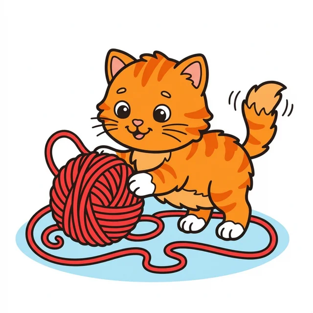 Cute kitten playing with ball of yarn coloring page for kids