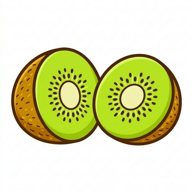 Kiwi fruit sliced in half showing seeds coloring page for kids — free printable