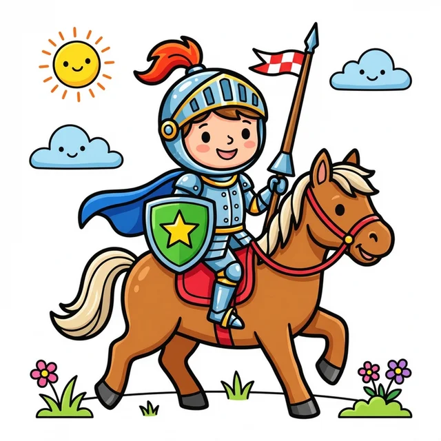 Cute knight in armor riding horse coloring page for kids