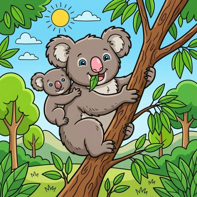 Koala climbing eucalyptus tree with baby koala coloring page