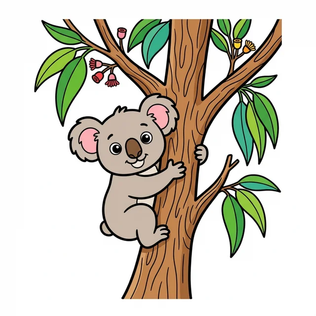 Koala climbing tree coloring page for kids