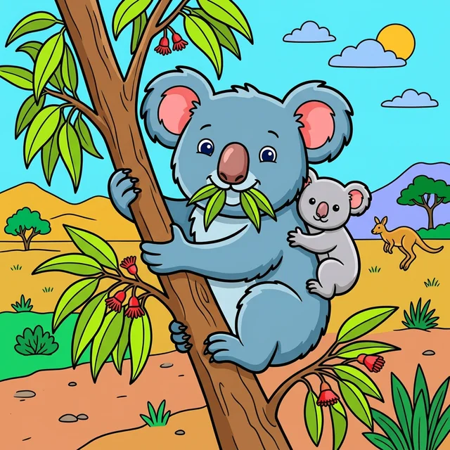 Koala hugging eucalyptus tree with baby koala coloring page