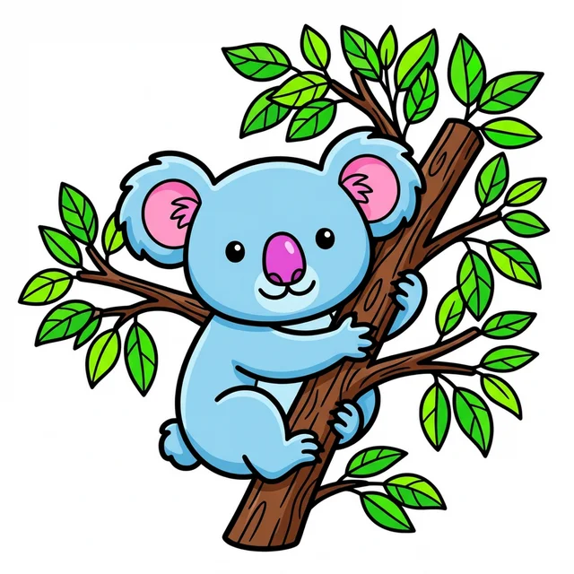 A cute koala hugging a eucalyptus tree branch coloring page.