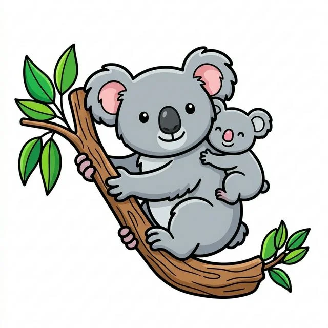 Koala hugging eucalyptus tree with baby koala on back coloring page for kids — free printable