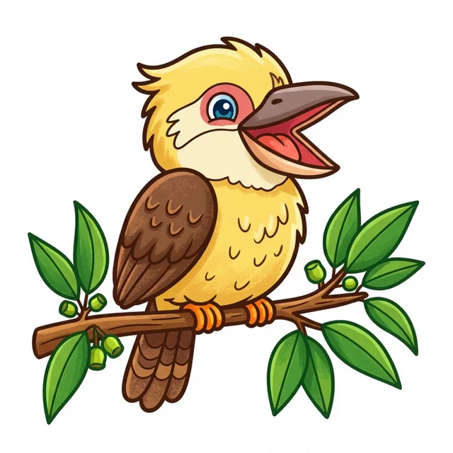 A kookaburra bird laughing on a branch coloring page.