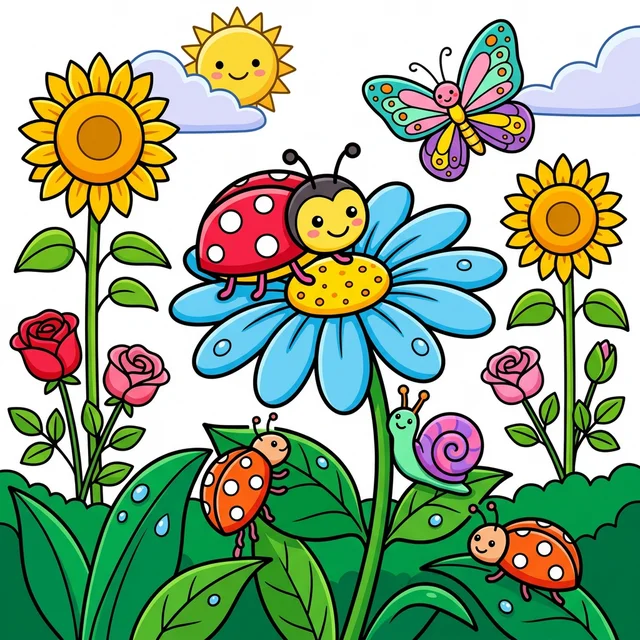 Cute ladybug sitting on daisy petal in flower garden coloring page