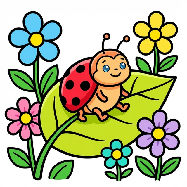 A ladybug sitting on a leaf with flowers coloring page.