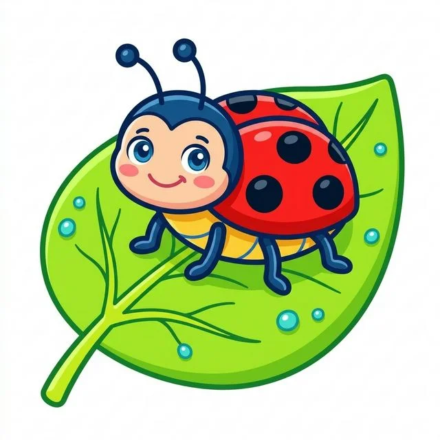 Ladybug with spots sitting on leaf with dew drops coloring page for kids — free printable